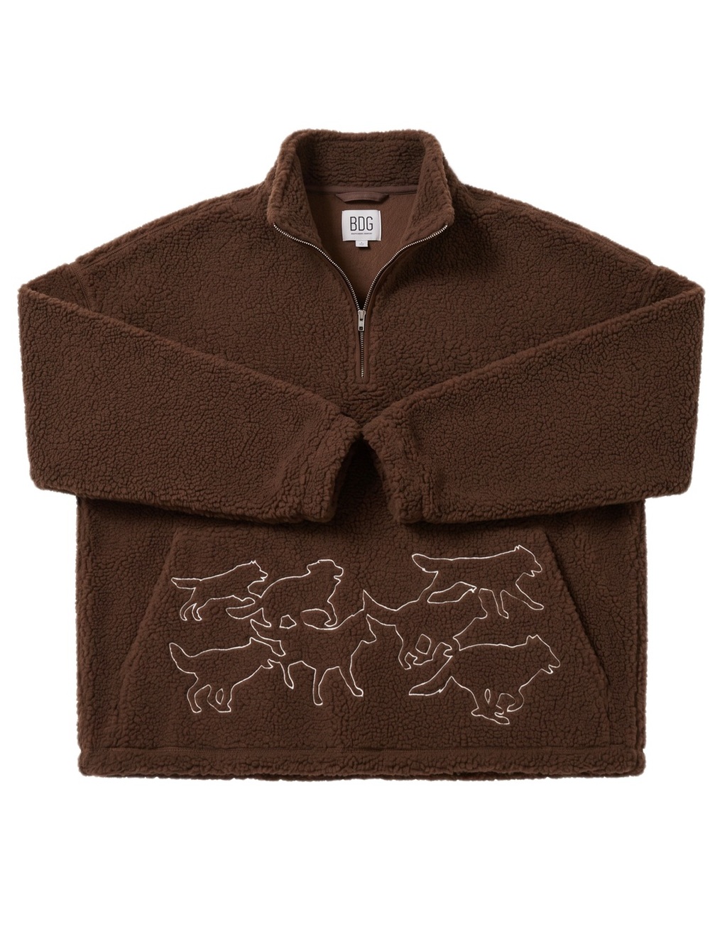 BDG Sweatshirt Fleece Half-Zip Mock Neck Large Brown Wolf Cabin Camp Hike Core